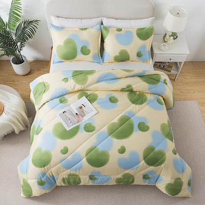 Caressma Heart Pattern Queen Comforter Set, Lovely Green and Yellow Blue Beeding Comforter Set with Matching Pillow Shams (3 Pieces)