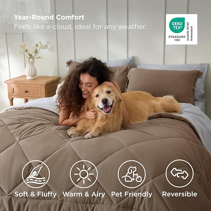 Bedsure King Size Comforter Set - 7 Pieces Reversible Brown Bedding, King Size Bed Set for All Seasons, Bed in a Bag with Down Alternative Comforter, Sheets, Pillowcases & Shams