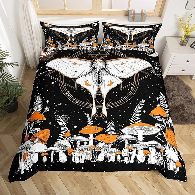 Castle Fairy Moth Plant Comforter Cover Full Size,Orange Mushroom Duvet Cover with 2 Pillowcases,3 Piece,Stars Sun Moon Polyester Bedding Set for Boys Teens Bedroom Decor