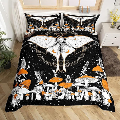 Castle Fairy Moth Plant Comforter Cover Full Size,Orange Mushroom Duvet Cover with 2 Pillowcases,3 Piece,Stars Sun Moon Polyester Bedding Set for Boys Teens Bedroom Decor