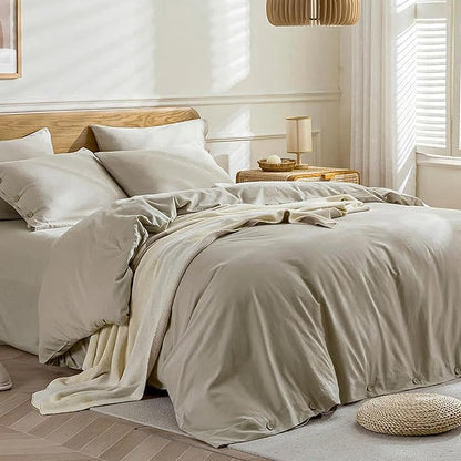 JELLYMONI Cotton Duvet Cover Queen Size - Linen Gray Comforter Cover with Button 100% Washed Cotton 3PCS Breathable Soft Solid Bedding Set Duvet Cover 90×90in & 2 Pillowcases (NO Comforter)