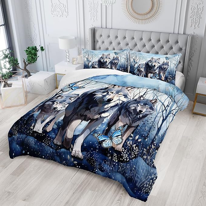 Watercolor Wolf Bedding Comforter Set Queen Size for Kids Teens and Adults Wild Animals Bedroom 100% Soft Microfiber All Season Print Quilt Set with 1 Comforter and 2 Pillowcases
