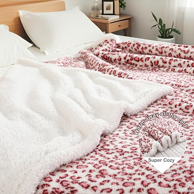 Electric Heated Blanket Throw 50"×60" with 6 Heating Levels &3 Hours Auto Off, Heating Double Sided Plush Sherpa, Fast Heating, Machine Washable Leopard Print Pink & White