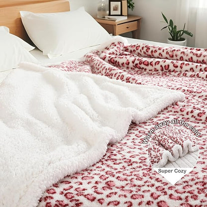 Electric Heated Blanket Throw 50"×60" with 6 Heating Levels &3 Hours Auto Off, Heating Double Sided Plush Sherpa, Fast Heating, Machine Washable Leopard Print Pink & White