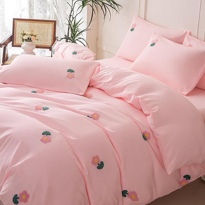 MWMWMW 5 Pieces Girls Queen Size Bedding Set, Cute Pink Floral Comforter Set, Pink Floral Bedding Queen for Kids Girls with 1 Comforter, 1 Flat Sheet, 1 Fitted Sheet and 2 Pillowcases