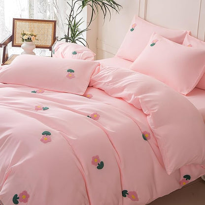 MWMWMW 5 Pieces Girls Queen Size Bedding Set, Cute Pink Floral Comforter Set, Pink Floral Bedding Queen for Kids Girls with 1 Comforter, 1 Flat Sheet, 1 Fitted Sheet and 2 Pillowcases