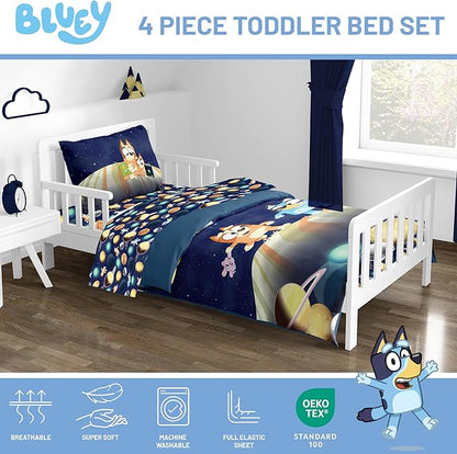 Jay Franco Kids Comforter Set Includes Sheets and Pillow Covers - Soft and Cozy Bed Set for Stylish Room Decor, Blue - Bluey & Bingo, 4 Piece Toddler