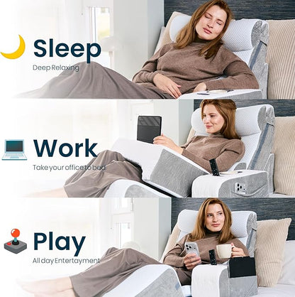 8-Piece Orthopedic Wedge Pillow Set for Sleeping, Post-Surgery Recovery, Back & Leg Pain Relief, Acid Reflux & GERD Support with Tablet & Cup Holder (Furry)