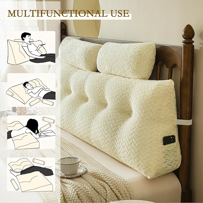 YOUR MOON Wedge Headboard Pillow King with 2 Pack Neck Roll Pillows, Triangular Wedge Backrest Pillow Headboard for Bed,Daybed,and Lounging, Large Bed Bolster Pillows,Off White