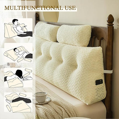 YOUR MOON Wedge Headboard Pillow Queen with 2 Pack Neck Roll Pillows, Triangular Wedge Backrest Pillow Headboard for Bed,Daybed,and Lounging, Large Bed Bolster Pillows,Off White