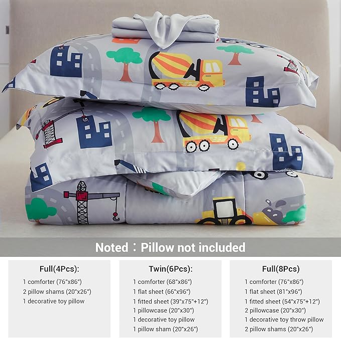 Mooreeke Kids Twin Comforter Sets for Boys 6 Pieces Excavator Grey Bedding Set for Teens Soft Microfiber Kids Bed in A Bag with Comforter, Sheet Set, Shams and Decorative Toy Pillow All Season