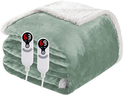 Electric Heated Blanket Queen Size 84"x90", Soft Flannel with Dual Controllers & Overheat Protection, 6 Adjustable Heat Settings & 10-Hour Auto-Off Timer, Fast Heating for Winter Comfort, Light Green