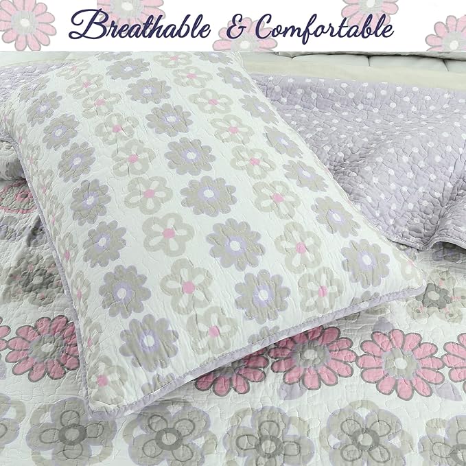 Cozy Line Home Fashions Light Purple Lavender Pink Floral 100% Cotton Reversible Quilt Bedding Set, Bedspread, Coverlet for Girls (Lilac Flower, Twin - 2 Piece)