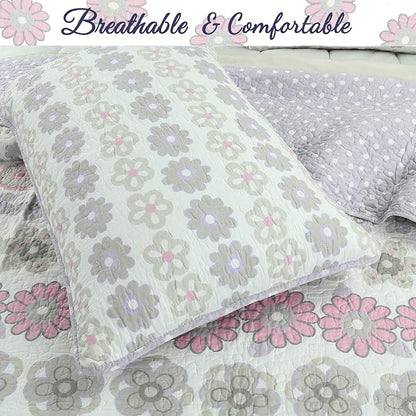 Cozy Line Home Fashions Light Purple Lavender Pink Floral 100% Cotton Reversible Quilt Bedding Set, Bedspread, Coverlet for Girls (Lilac Flower, Twin - 2 Piece)