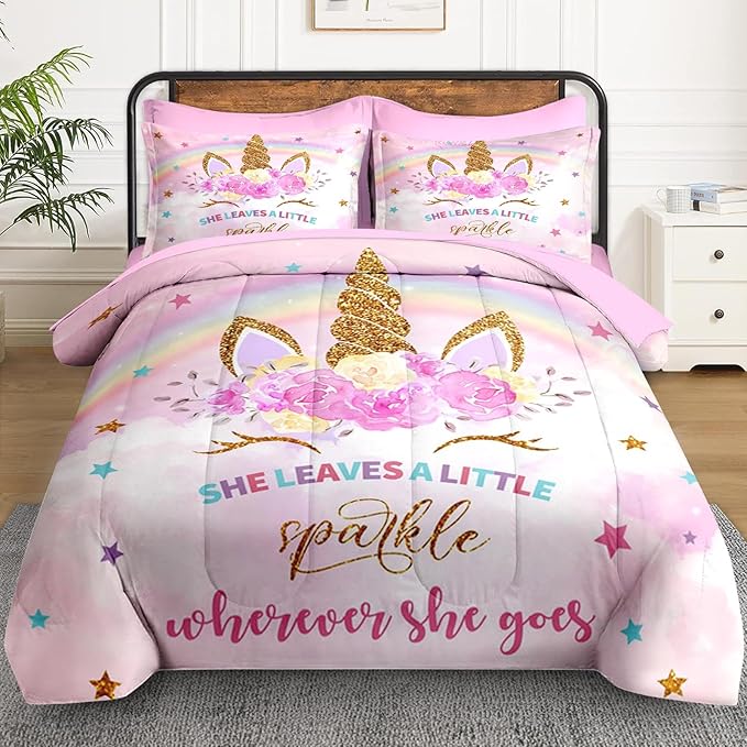Queen Size Comforter Set with 2 Pillowcases & 2 Shams, Cute Golden Unicorn 7 Pcs Bedding for Kids and Teens, Pink Rainbow Star Rose Flower Bed in a Bag with Flat Fitted Sheet