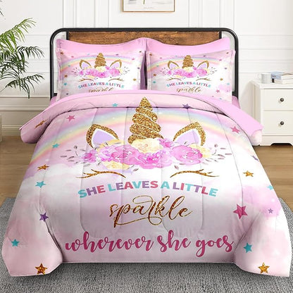Queen Size Comforter Set with 2 Pillowcases & 2 Shams, Cute Golden Unicorn 7 Pcs Bedding for Kids and Teens, Pink Rainbow Star Rose Flower Bed in a Bag with Flat Fitted Sheet