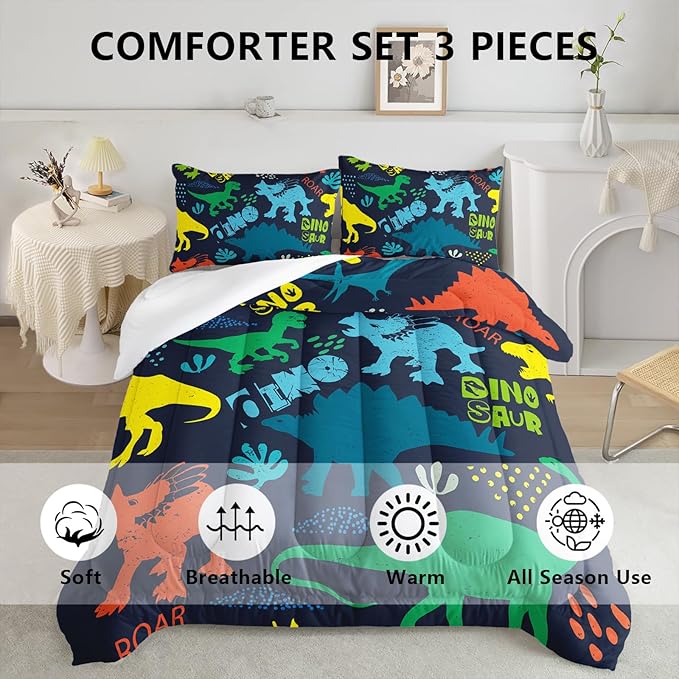 Axolotl Boys Bedding Cartoon Dinosaur Comforter Set Queen Size,Cute Dinosaur Bedding Set for Kids Boys Girls Teens Adults Room Decor,Kids Comforter Set All Season,1 Quilt 2 Pillow Cases