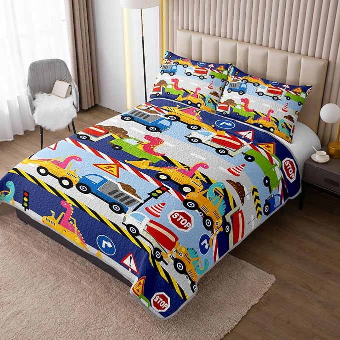 QOOMO Construction Dinosaur Quilt Set King Size,Excavator Bedspread Coverlet Set,Tractor 3Pcs Bedding Set Printed Quilt with 2 Pillowcases,Soft and Lightweight,for All Seasons