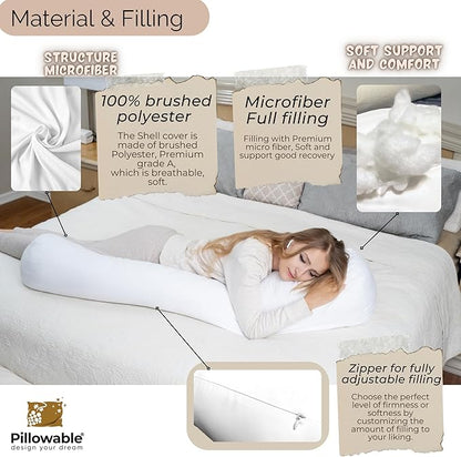 King Size Extra Long Round Body Pillow - 54x12 Bolster Pillow for Bed Extra Soft Body Pillow with Removable Pillowcase, Maternity Pillow - Grey