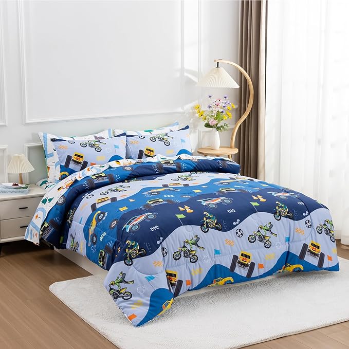 Holawakaka Trucks Tractors Cars Boys 5-Piece Bedding Comforter Sheet Set,Twin Size Cartoon Construction Car Excavator Print Kids Bed in A Bag, Excavator Mixer Truck Printed Bed Sets(Light Blue Twin)