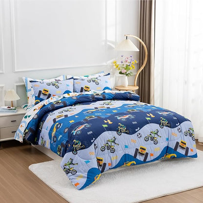 Holawakaka Trucks Tractors Cars Boys 5-Piece Bedding Comforter Sheet Set,Twin Size Cartoon Construction Car Excavator Print Kids Bed in A Bag, Excavator Mixer Truck Printed Bed Sets(Light Blue Twin)