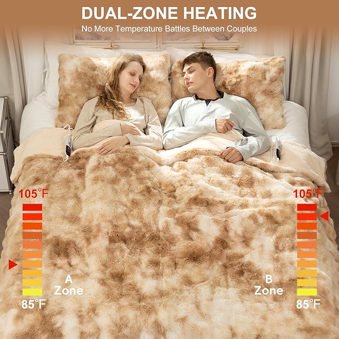 Faux Fur Electric Blanket King Size 100"X90" - Bubble Faux Fur Heated Blanket Fluffy Soft Thick with 6 Heating Levels & 10 hrs Timer Settings, Washable & ETL Certified for Bed, Tie-Dye Beige