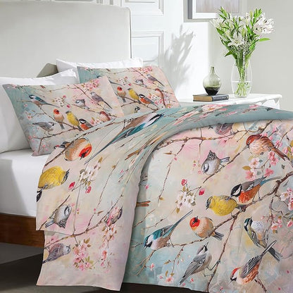 Bird Comforter Set Birds in The Tree Decor Full Bed Duvet Cover Set for Girls Boys Women Adults Teens Birds Bedding Comforters 3 Piece Bedding Set