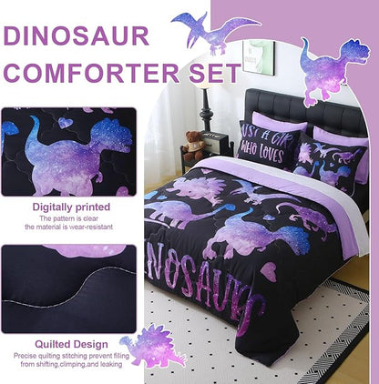 7 Piece Girls Dinosaur Comforter Set Full Size Violet Dinonsaur Soft Microfiber Bed in A Bag with Comforter,Sheet Set,Pillowcase and Sham for Child Teens All Season