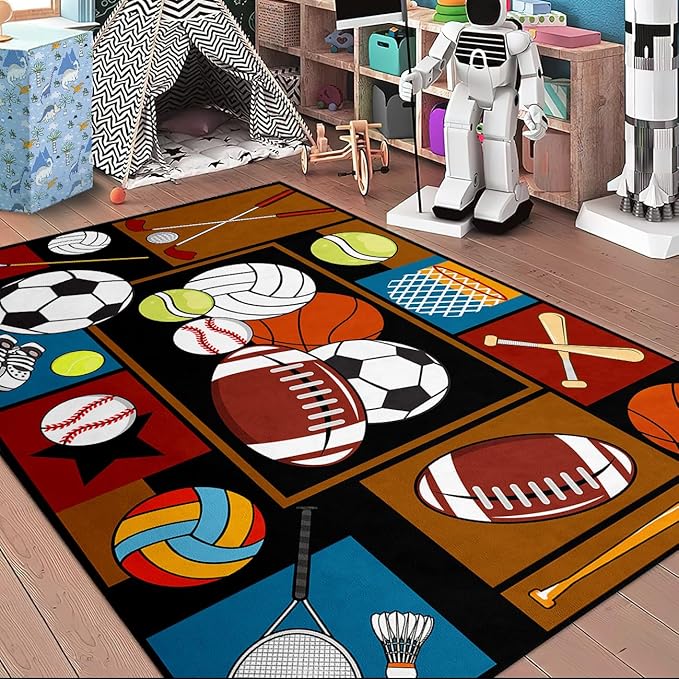 Sports Rugs for Boys Bedroom - Basketball Rug for Boys Bedroom Kids Carpet Sports Theme Basketball, Soccer, Baseball Carpet for Living Room Floor Mat Welcome Mat, 3x4 Feet