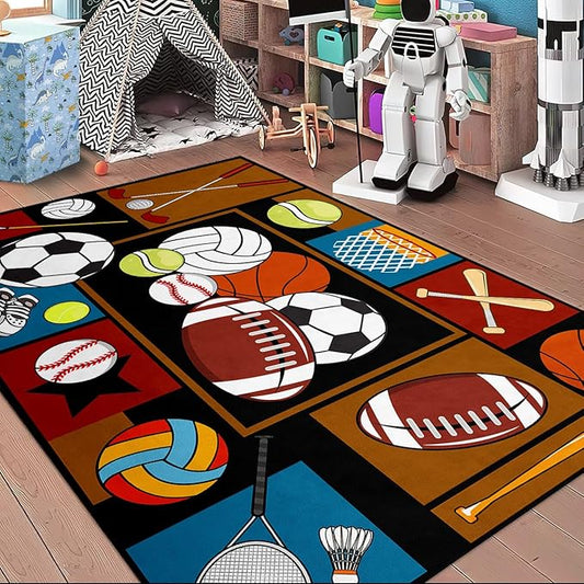 Sports Rugs for Boys Bedroom - Basketball Rug for Boys Bedroom Kids Carpet Sports Theme Basketball, Soccer, Baseball Carpet for Living Room Floor Mat Welcome Mat, 3x4 Feet