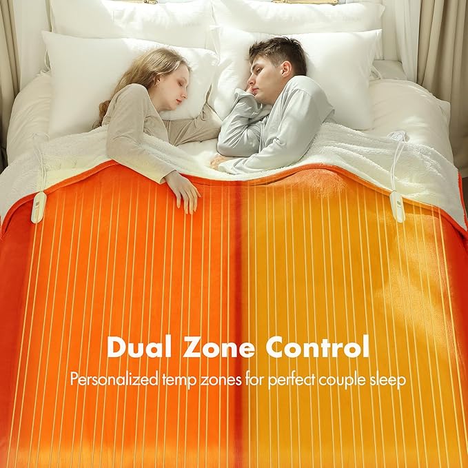 Electric Heated Blanket Queen Size 84"x90" - Flannel Sherpa Electric Blanket with Dual Control, 5 Heating Levels & 10 Hours Auto Off, Heated Blanket for Women with Overheat Protection(Orange)