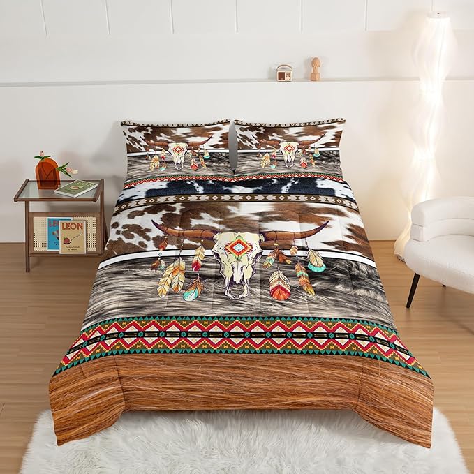 HOSIMA Western Bedding Longhorn Skull Comforter 3 Pieces,Western Highland Cowhide Print Bedding for Boys Teens Soft Microfiber Fluffy Comforter Full Size Farmhouse Style Room Decor Aesthetic.