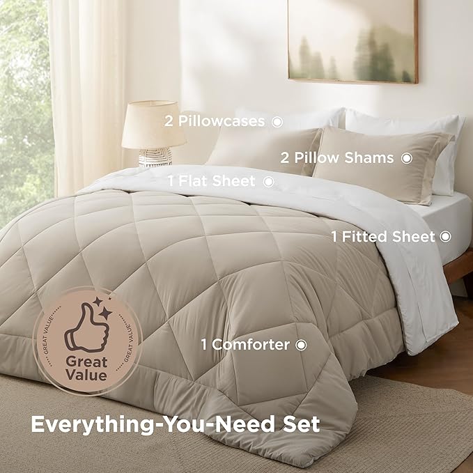 Bedsure King Size Comforter Set - 7 Pieces Reversible Beige and White Bedding, King Size Bed Set for All Seasons, Bed in a Bag with Down Alternative Comforter, Sheets, Pillowcases & Shams