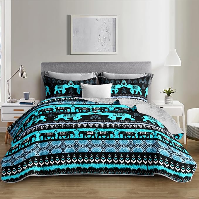 Blue Elephant King Quilted Bedding Sets,Boho Style Bedding Summer Quilt for Adults Kids,Soft Lightweight Exquisite Quilted Sets with 2 Pillowcases.