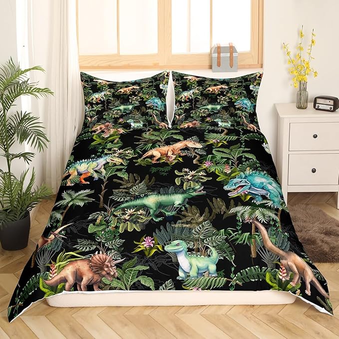 Watercolor Dinosaur Bedding Set Twin Size,Cartoon Dino Animal Oil Painting Style Comforter Cover Set for Kids Girls,Green Leaves Tropical Natural Plants Bedding Quilt Cover Set Bedroom Decor, 2 Pcs