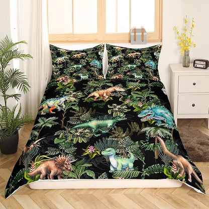Watercolor Dinosaur Bedding Set Twin Size,Cartoon Dino Animal Oil Painting Style Comforter Cover Set for Kids Girls,Green Leaves Tropical Natural Plants Bedding Quilt Cover Set Bedroom Decor, 2 Pcs