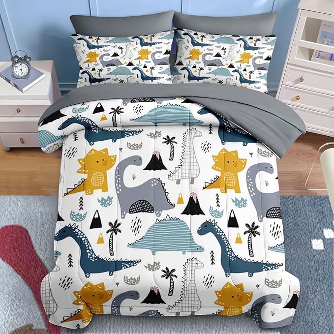 Nesker 7 Pcs Comforter Set Queen Size, Cute Dinosaur Dino Bedding for Kids Teen, Blue Yellow Dragon with Fitted Sheet 2 Pillowcases & 2 Shams for Bedroom Bed Décor