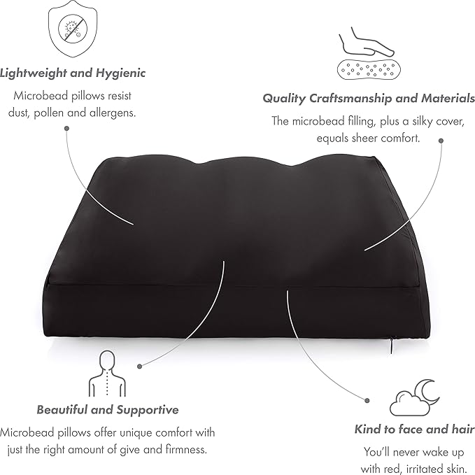 PILLOWY Premium Microbead Bed Pillow, Medium Extra Fluffy But Supportive - Ultra Comfortable Sleep with Silk Like Anti Aging Cover 85% Spandex/ 15% Nylon Breathable, Cooling Matte Black