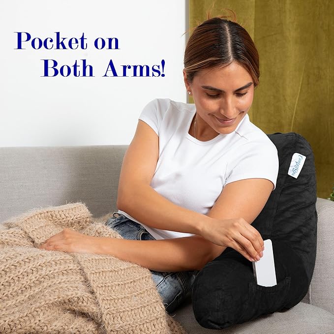 ComfortSpa Reading Pillow for Kids Teens Adult, Back Rest Pillow with Arms, Pockets, Washable Cover; Use as a Back Pillow for Bed Sitting Up for Bedrest or Relief from GERD Heartburn (Standard Black)