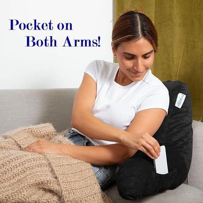 ComfortSpa Reading Pillow for Kids Teens Adult, Back Rest Pillow with Arms, Pockets, Washable Cover; Use as a Back Pillow for Bed Sitting Up for Bedrest or Relief from GERD Heartburn (Standard Black)