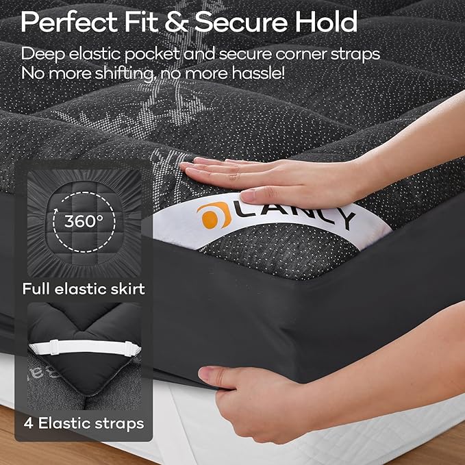 OLANLY Queen Mattress Topper – Viscose Made from Bamboo, Cooling Soft Queen Pillow Top Mattress Pad for Back Pain Relief, Plush Down Alternative Fill Bed Topper with Elastic Deep Pocket, Dark Gray