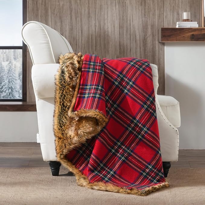 HORIMOTE HOME Luxury Plush Faux Fur Throw Blanket with Red Plaid Pattern, Super Warm, Fuzzy, Elegant, Fluffy Decoration Christmas Holiday Blanket for Couch, Armchair, Sofa and Bed, 50''x 60''