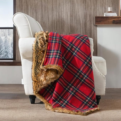 HORIMOTE HOME Luxury Plush Faux Fur Throw Blanket with Red Plaid Pattern, Super Warm, Fuzzy, Elegant, Fluffy Decoration Christmas Holiday Blanket for Couch, Armchair, Sofa and Bed, 60''x 80''