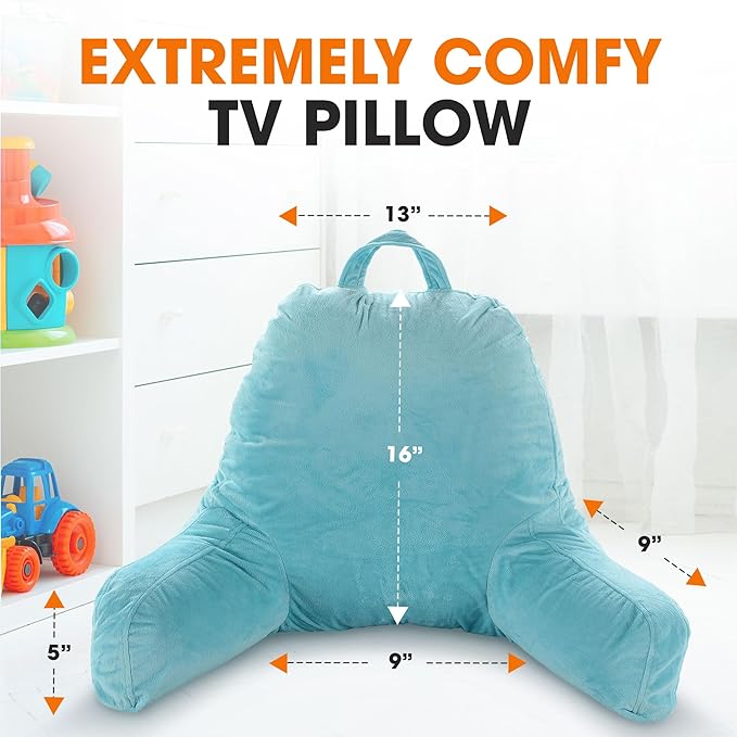 Cheer Collection Reading Pillow with Arms – Portable Bed Pillow for Sitting Up & Support, Hollow Fiber-Filled Back Rest Pillow for Sitting in Bed & Couch, Machine Washable, Sky Blue (Small)
