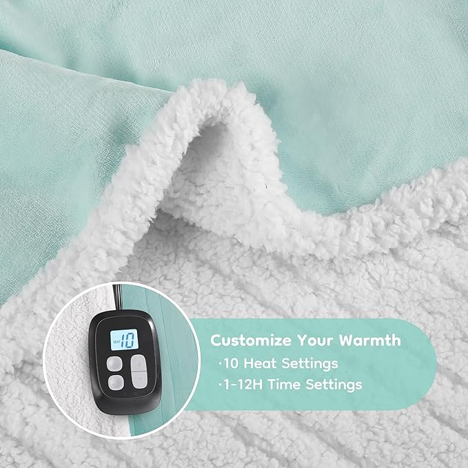 Electric Heated Blanket Full Size - 72"x84", Soft Flannel Heating Blanket, 10 Heating Levels, 1-12 H Auto Shut Off, Breathable Warm and Washable for Bed, Light Green