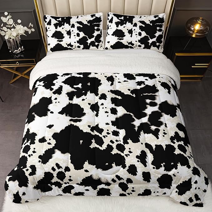 QOOMO Cow Stripes Sherpa Fleece Bedding Comforter Set Full Size 3 Pcs, Fluffy Warm Animal Texture Printing Comforter for Winter with 2 Pillow Shams, Flannel Thick Bedding Set