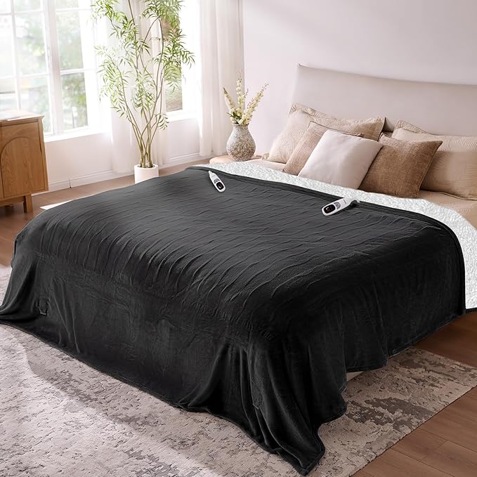 Electric Blanket King- Soft Heating Blanket, Dual Control & 9 Heat Levels, 10H Timer, Soft Flannel to Sherpa, Fast Heating Electric Throw, Machine Washable, Gift for Mom, Dad, 90"x100" Black