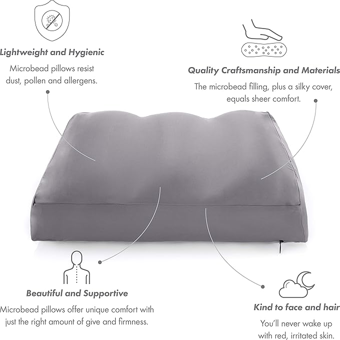 PILLOWY Premium Microbead Bed Pillow, Medium Extra Fluffy But Supportive - Ultra Comfortable Sleep with Silk Like Anti Aging Cover 85% Spandex/ 15% Nylon Breathable, Cooling Dark Grey
