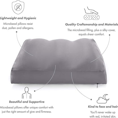 PILLOWY Premium Microbead Bed Pillow, Medium Extra Fluffy But Supportive - Ultra Comfortable Sleep with Silk Like Anti Aging Cover 85% Spandex/ 15% Nylon Breathable, Cooling Dark Grey