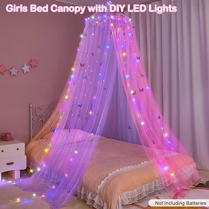 FIOBEE Bed Canopy for Girls Room Bed Canopy Curtains with Led Lights Mosquito Net DIY Princess Room Décor with Stars Butterflies for Kids Bedroom, Rainbow